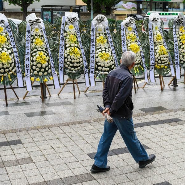 Funeral wreaths set up by BTS (boy band) fans protesting
