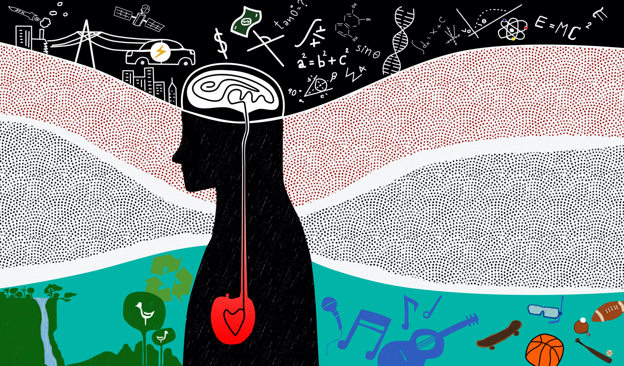 An abstract illustration representing the connection between mental health, human knowledge, and creativity.