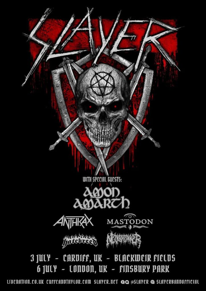 Slayer Cardiff London summer 2025 tour poster
