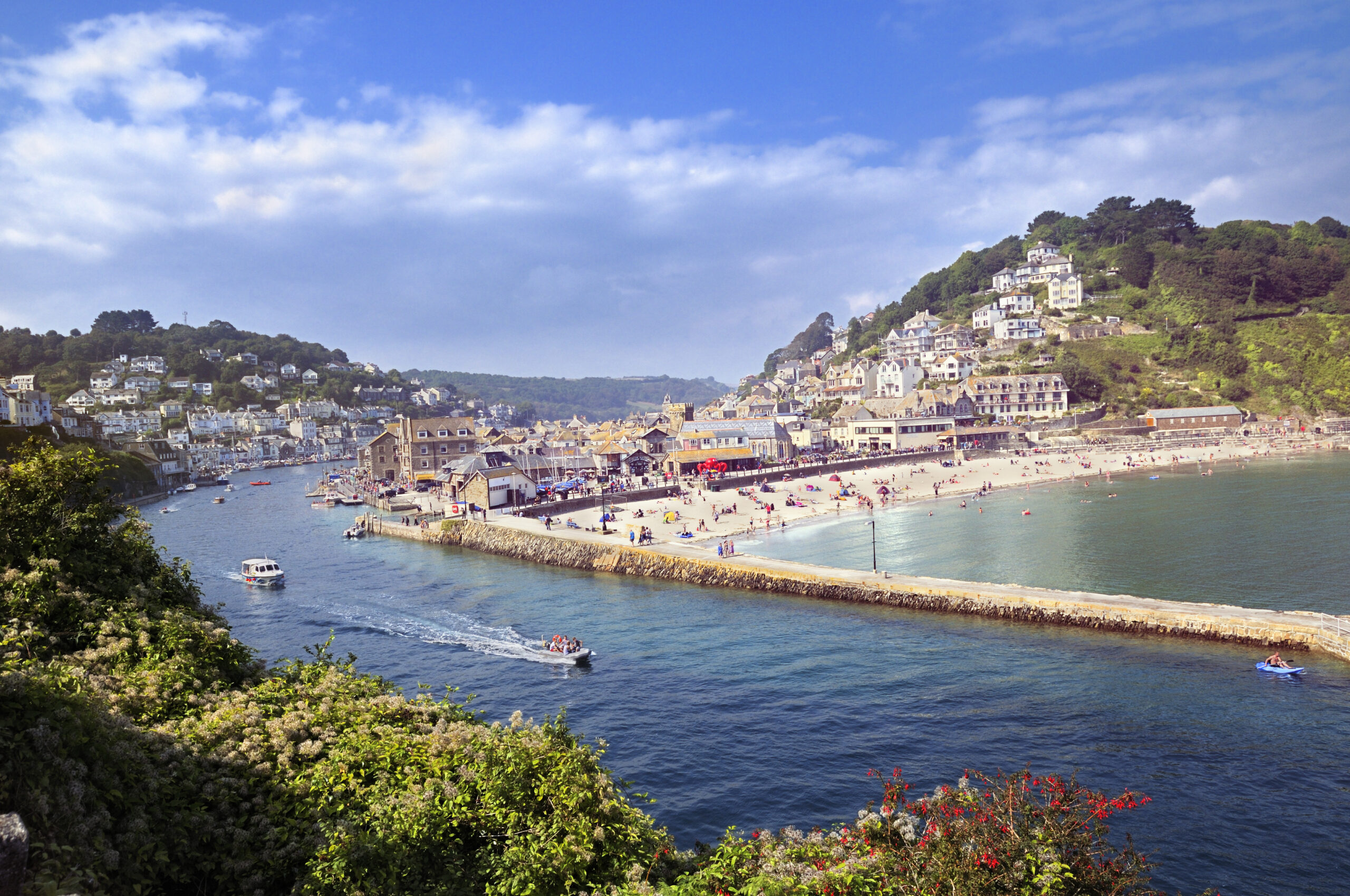 Looe, Cornwall. River Looe and East Looe beach in summer.