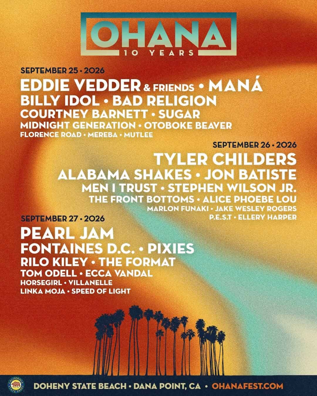 Pearl Jam, Eddie Vedder, Maná, Tyler Childers Lead Ohana Festival's 10th Anniversary