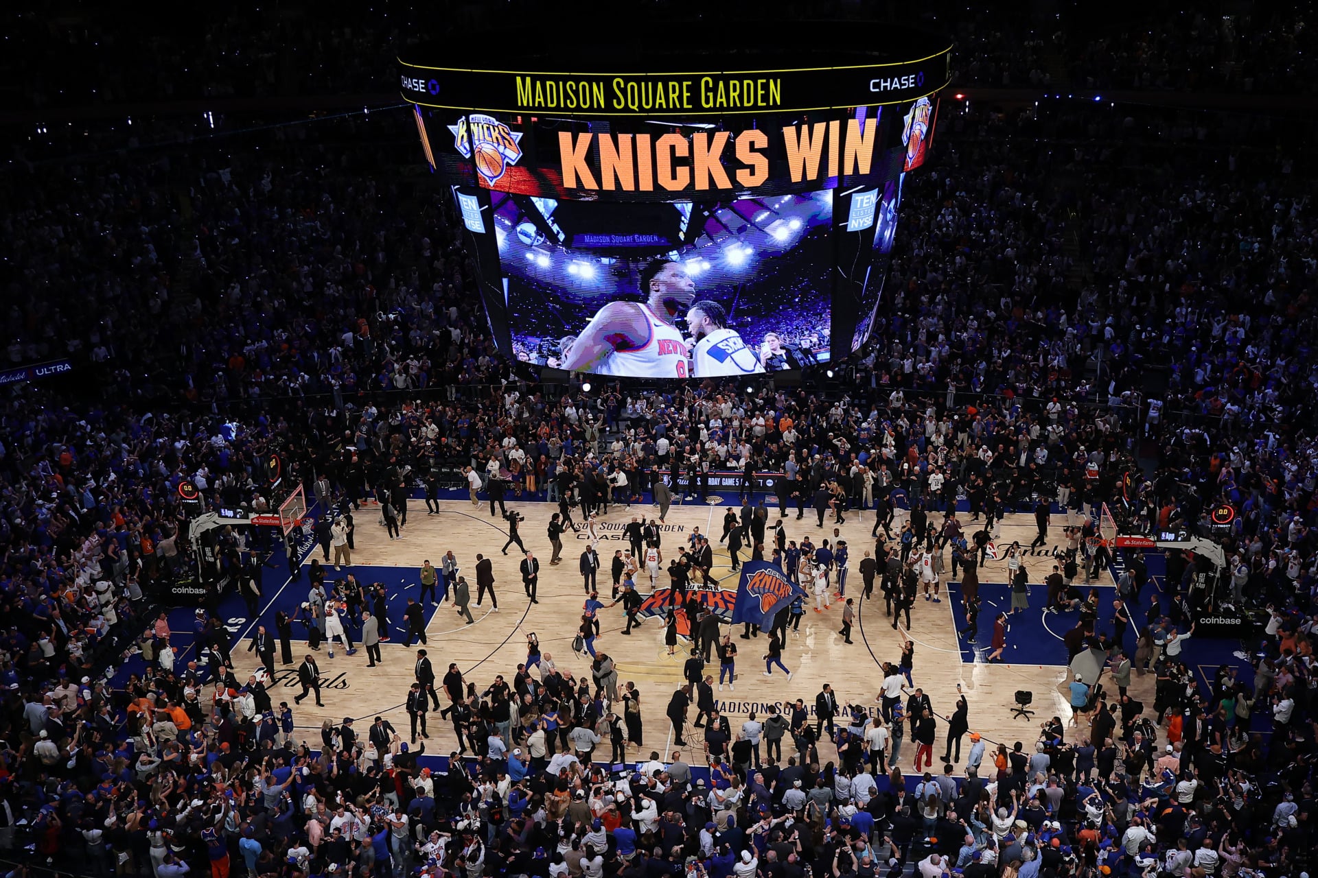 NEW YORK, NEW YORK - JUNE 10: A general view inside Madison Square Garden as the New York Knicks celebrate their 107-106 victory against the San Antonio Spurs in Game Four of the 2026 NBA Finals on June 10, 2026 in New York City. NOTE TO USER: User expressly acknowledges and agrees that, by downloading and or using this photograph, User is consenting to the terms and conditions of the Getty Images License Agreement.