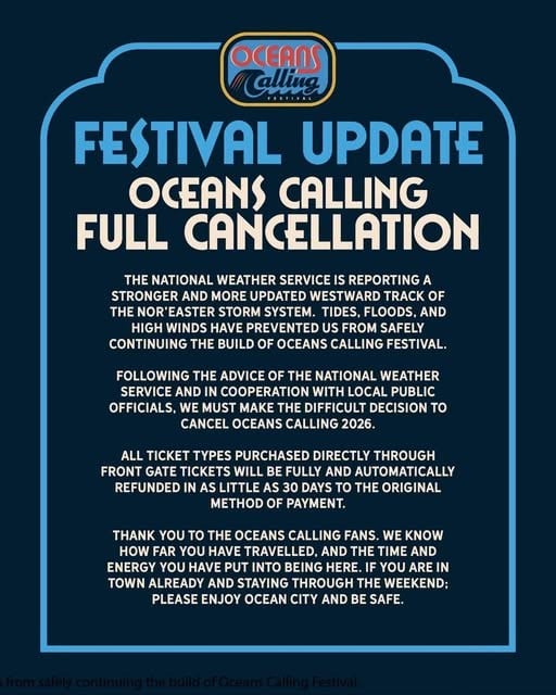 Oceans Calling Festival in Ocean City Canceled by Nor'easter
